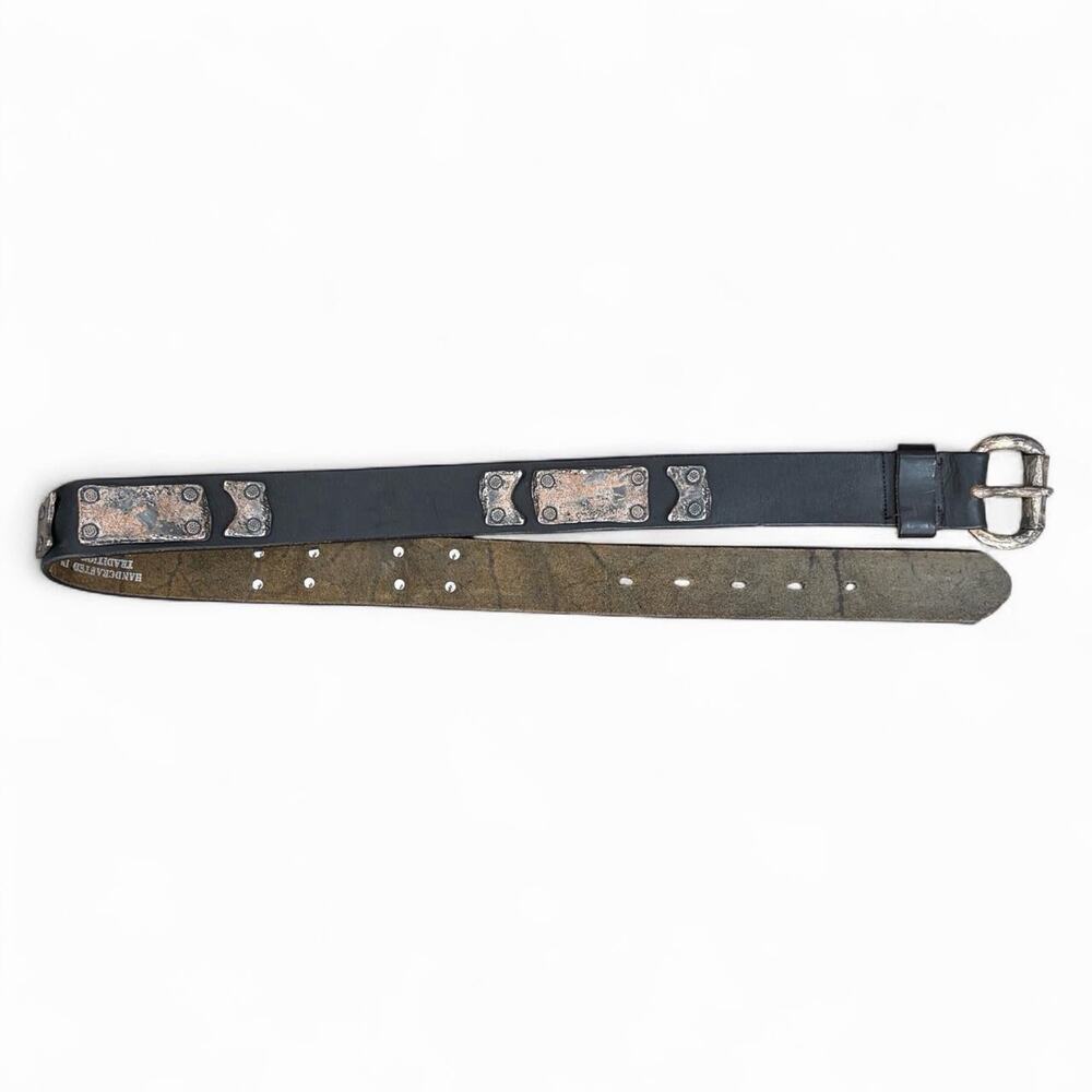 Vintage 90s Italian Leather Metal Grunge Western Sz 28 Heavyweight Designer Belt
